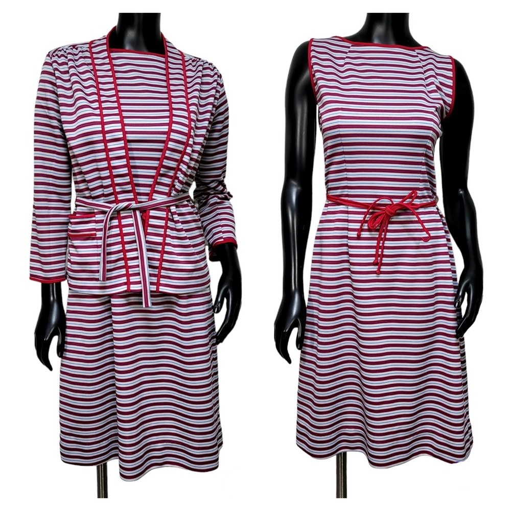 Vintage‎ 70s Striped Dress & Cardigan Set Red White Blue Nautical Mod Americana
